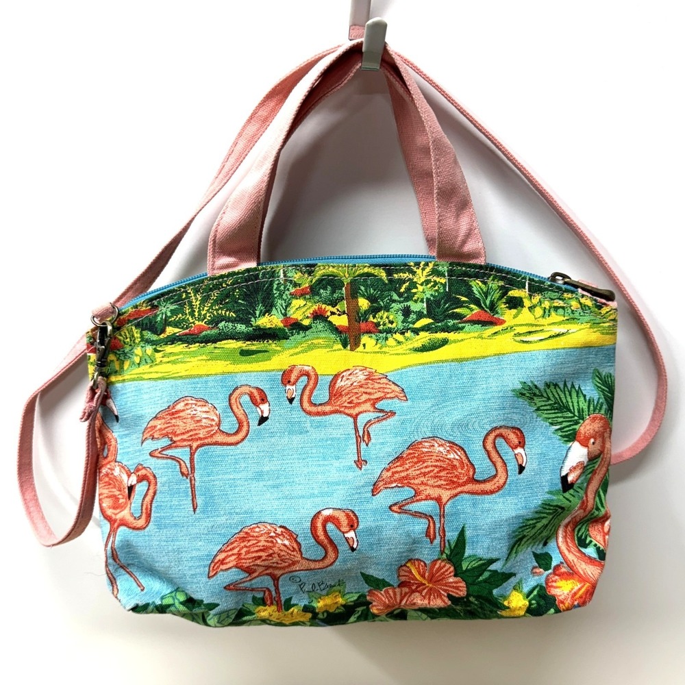 Paul Brent Coastal Life Tropical Flamingos Canvas Small Tote Crossbody Bag Zip - Picture 3 of 12